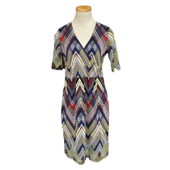 Esprit Dress Womens Medium Blue Yellow Short Sleeve V-Neck Sheath Geometric - Picture 1 of 16